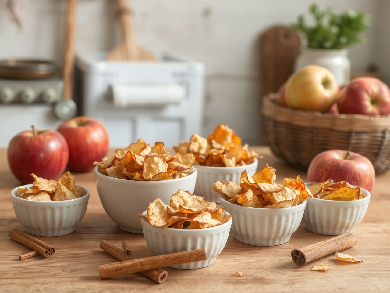 Az alma chips fűszerezhető fahéjjal, szerecsendióval vagy mézzel.