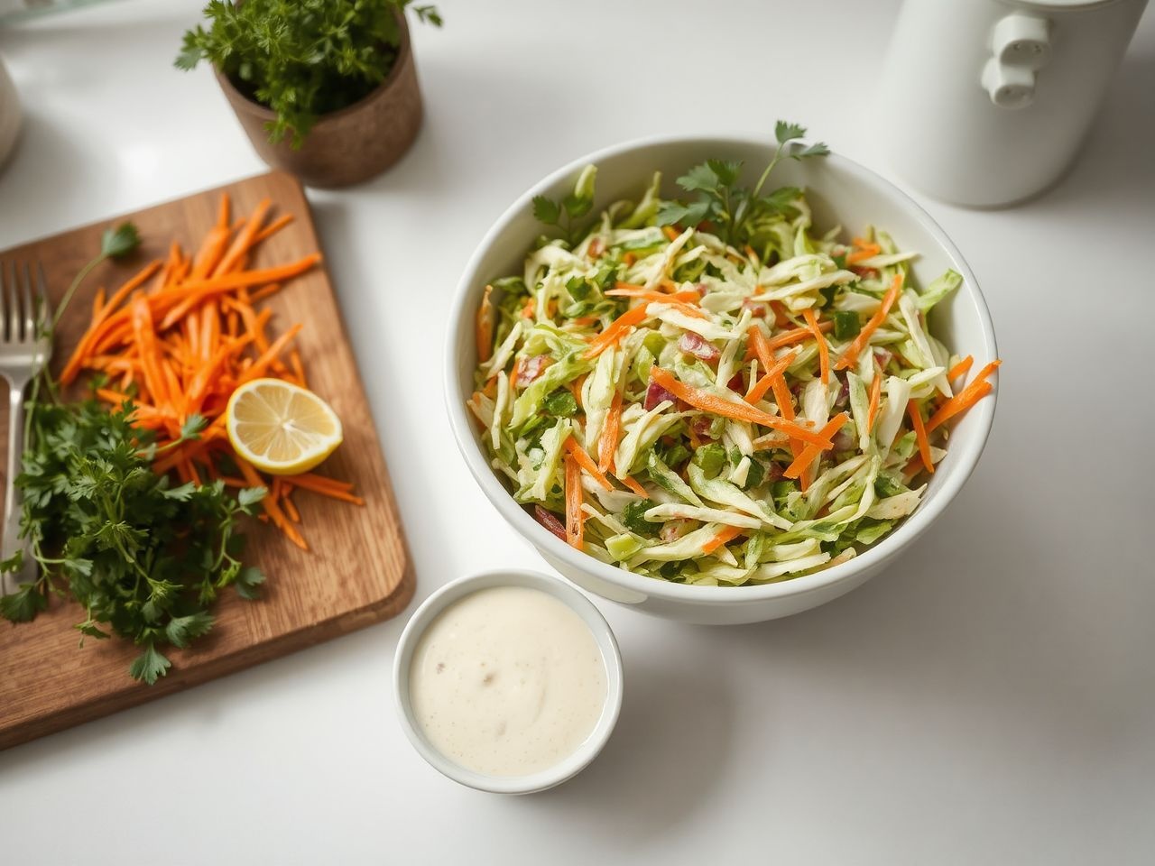 Egészséges coleslaw light joghurttal és minimális majonézzel készül.