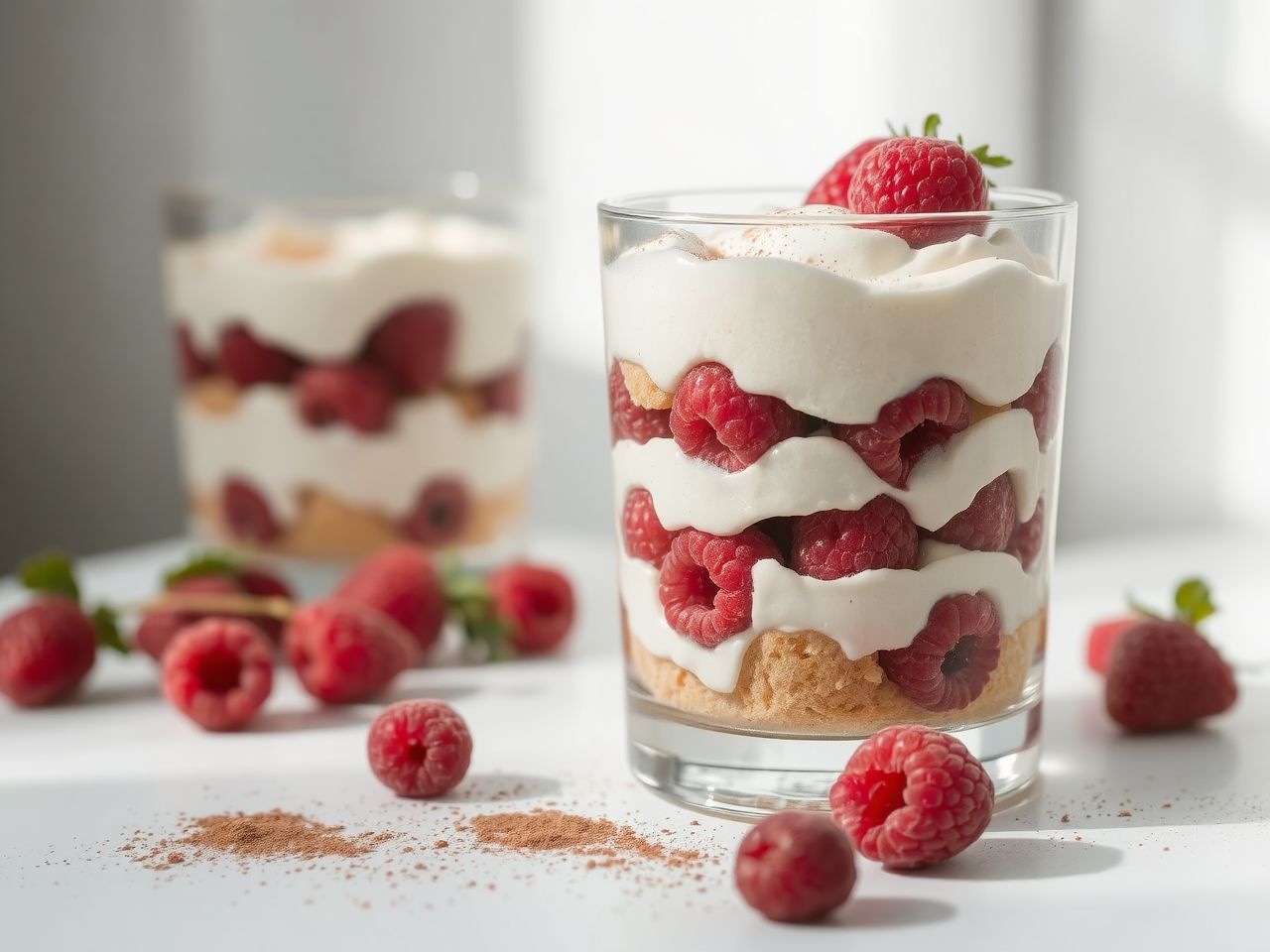 A málnás tiramisu pohárkrém mascarponéval és friss gyümölccsel készül.