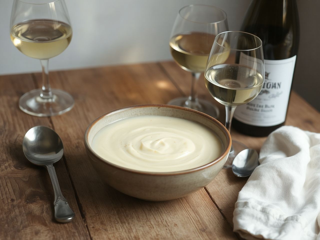 A burgonyakrémleveshez tökéletes a könnyű fehérbor, például Riesling.
