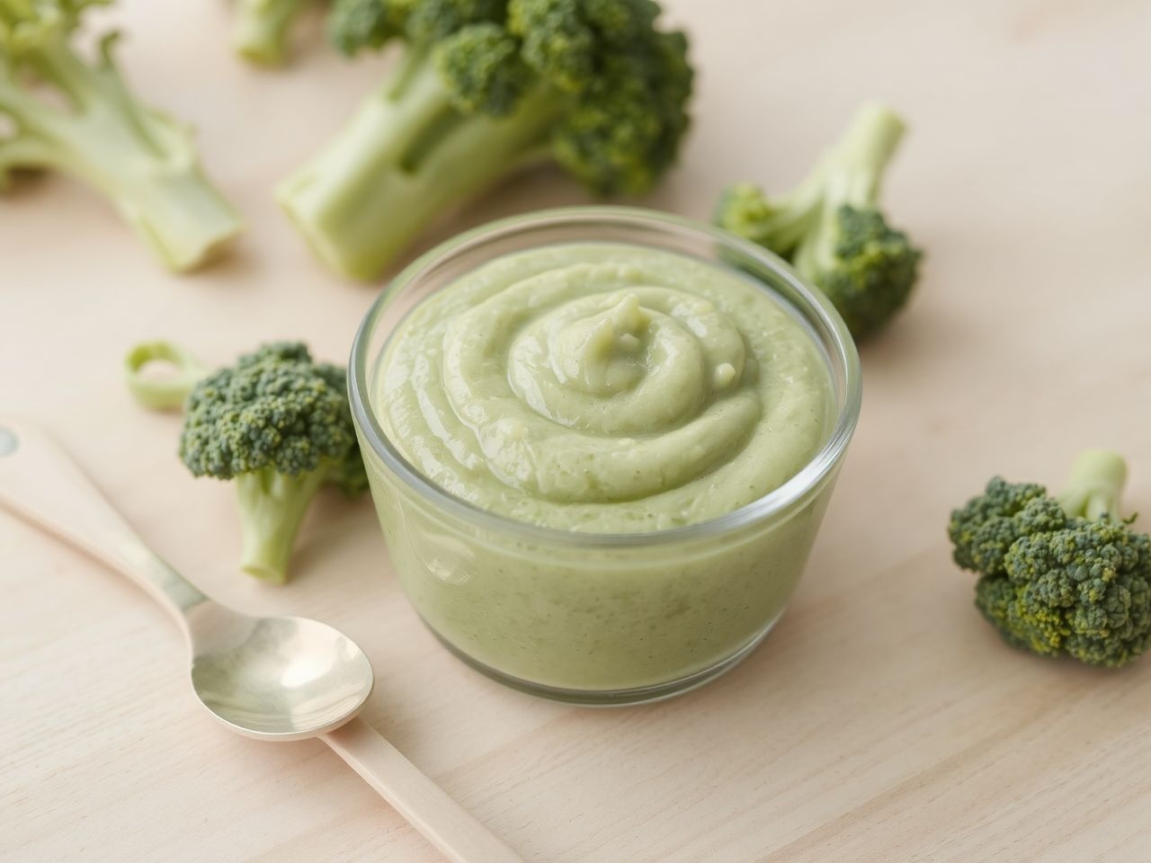 A brokkolipüré gazdag C-vitaminban, ideális első falatokhoz.