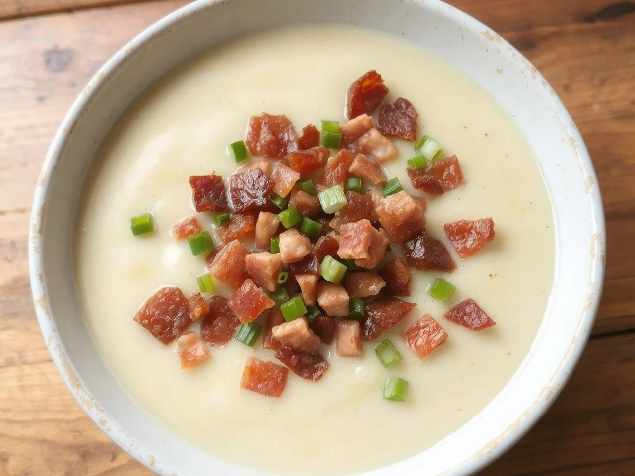 Az újhagymás krumplikrémleves pikáns baconcsipsszel még ízletesebb.