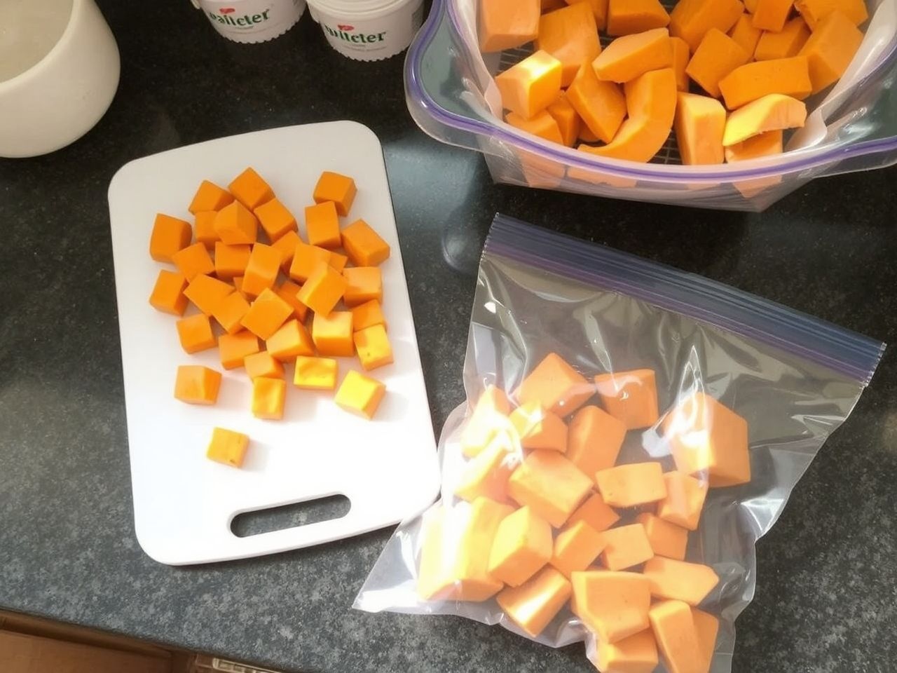 A nyers, darabolt sütőtök gyorsfagyasztása megőrzi friss ízét.