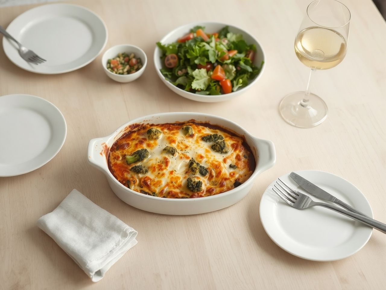 A brokkolis lasagne friss salátával ünnepi alkalmakra ajánlott.