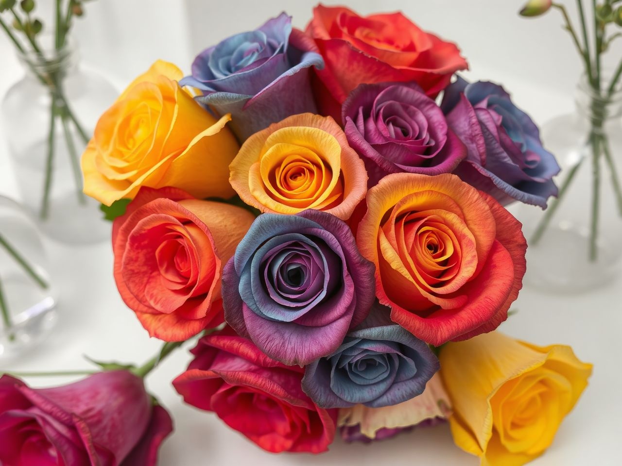 A szivárvány rózsa színpompája különleges dekorációt varázsol.