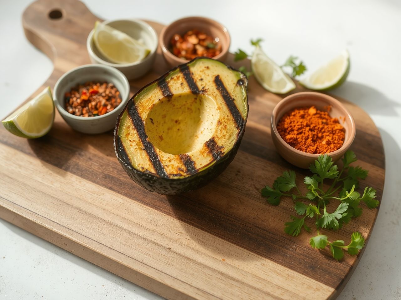 A lime és füstölt paprika kiemeli a grillezett avokádó ízét.