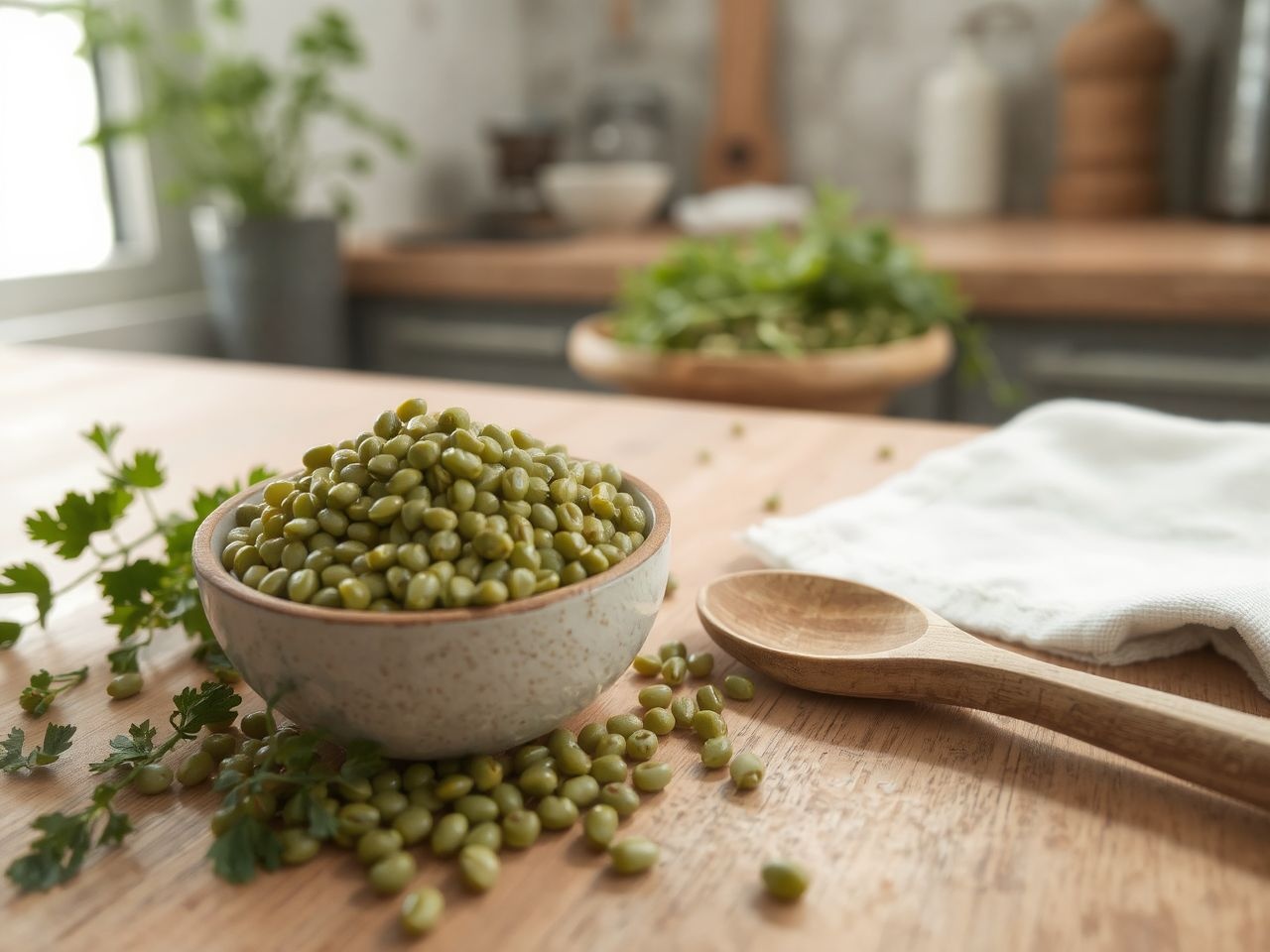 A zöld lencse gazdag fehérjében, ideális vegán ételekhez.