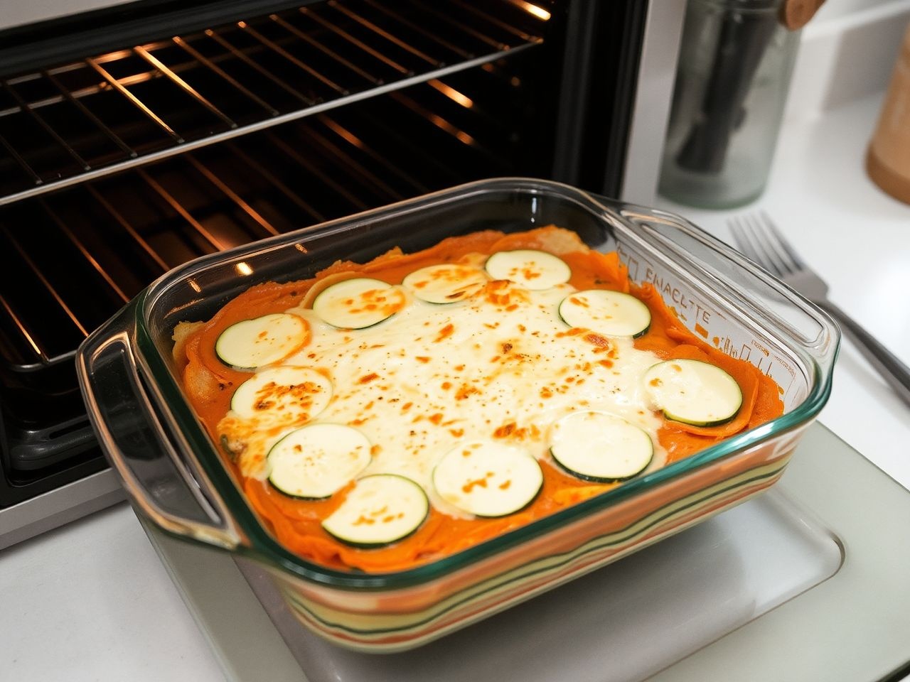 A lassú sütés kiemeli a cukkinis lasagne gazdag ízeit.