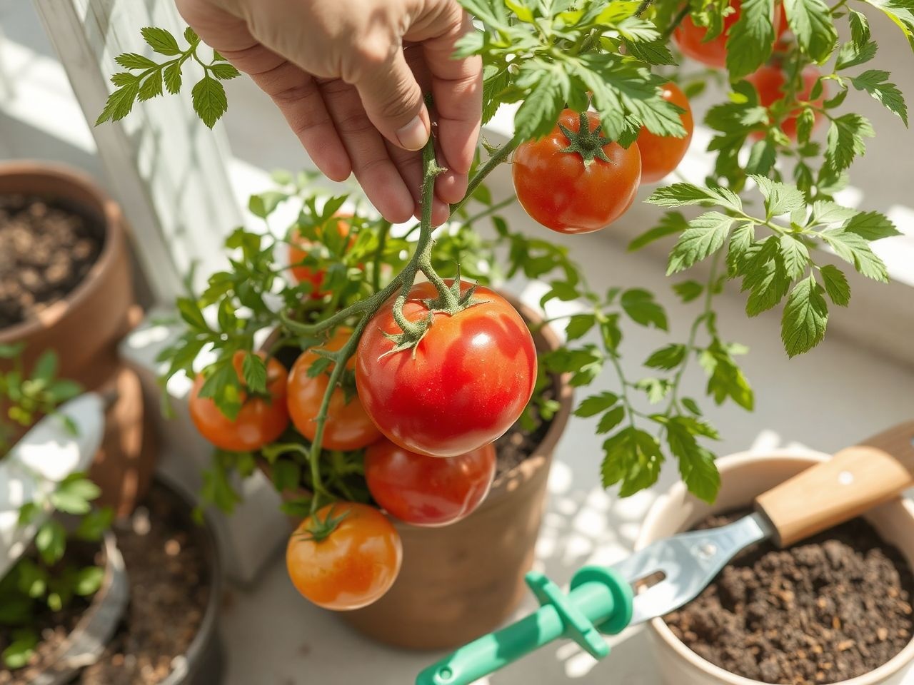 A paradicsom szedésekor a hajtásokat is rendszeresen metsszük.