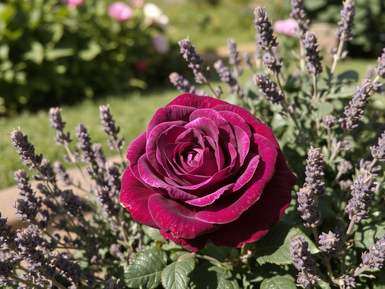 A mélylila rózsák tökéletesen harmonizálnak levendulával és zsályával.