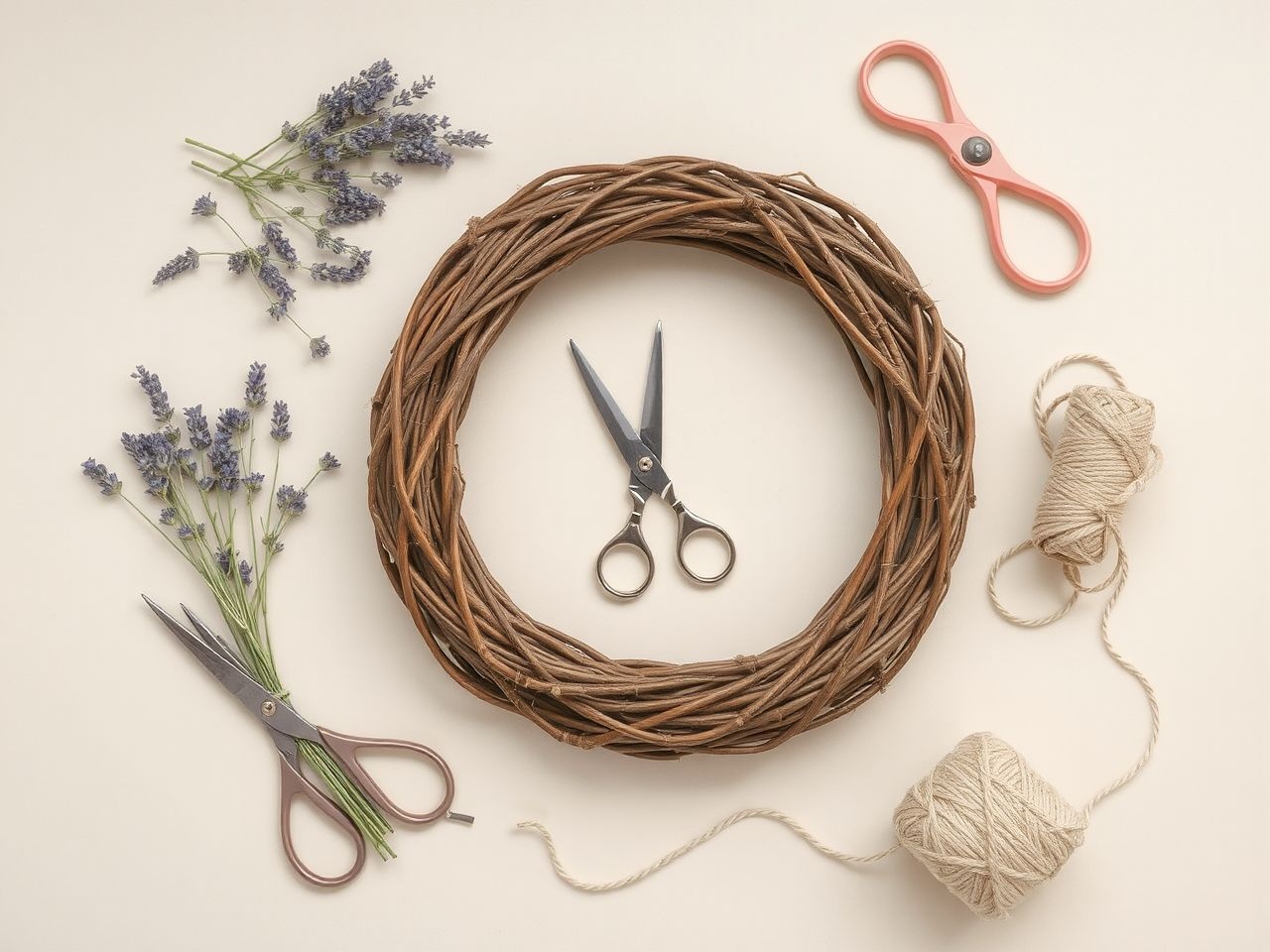 A levendula, drót és koszorúalap az alapvető kellékek.