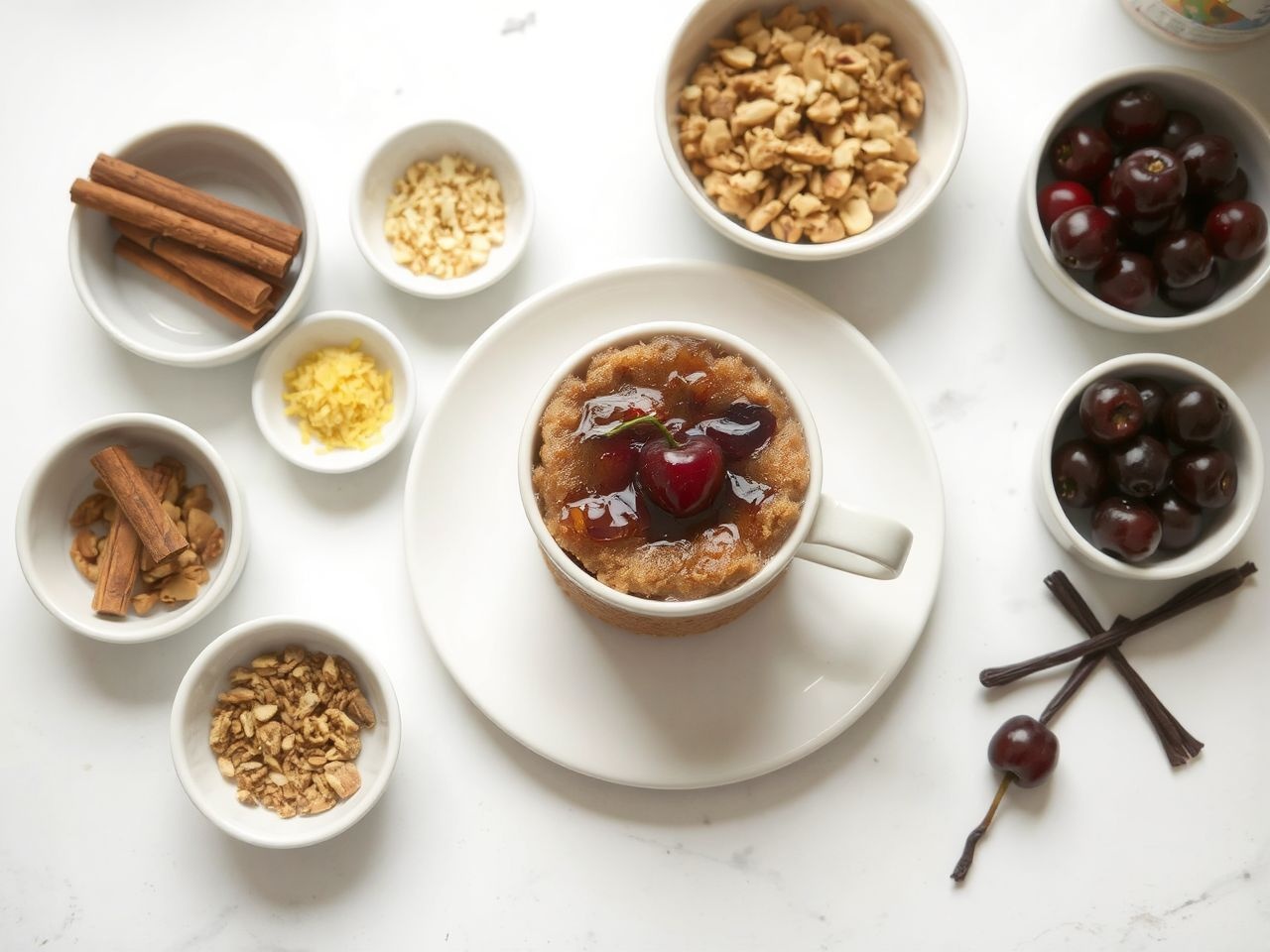A különböző fűszerek egyedivé teszik a bögrés meggyes süteményt.