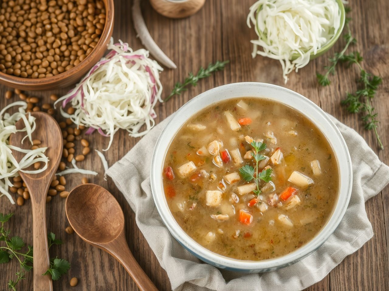 A savanyú káposzta pikáns íze tökéletes lencselevesben érvényesül.