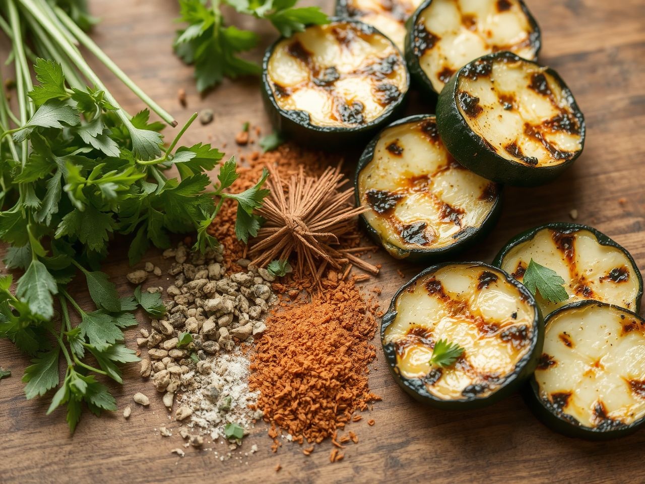 A friss rozmaring és fokhagyma fűszerezi a grillezett cukkinit.