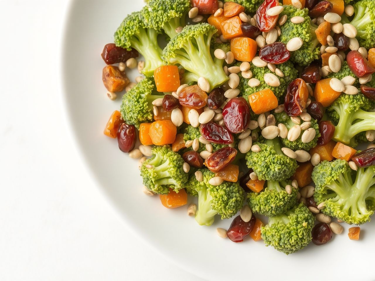 A pikáns brokkoli saláta édes aszalt gyümölccsel és ropogós magvakkal készül.