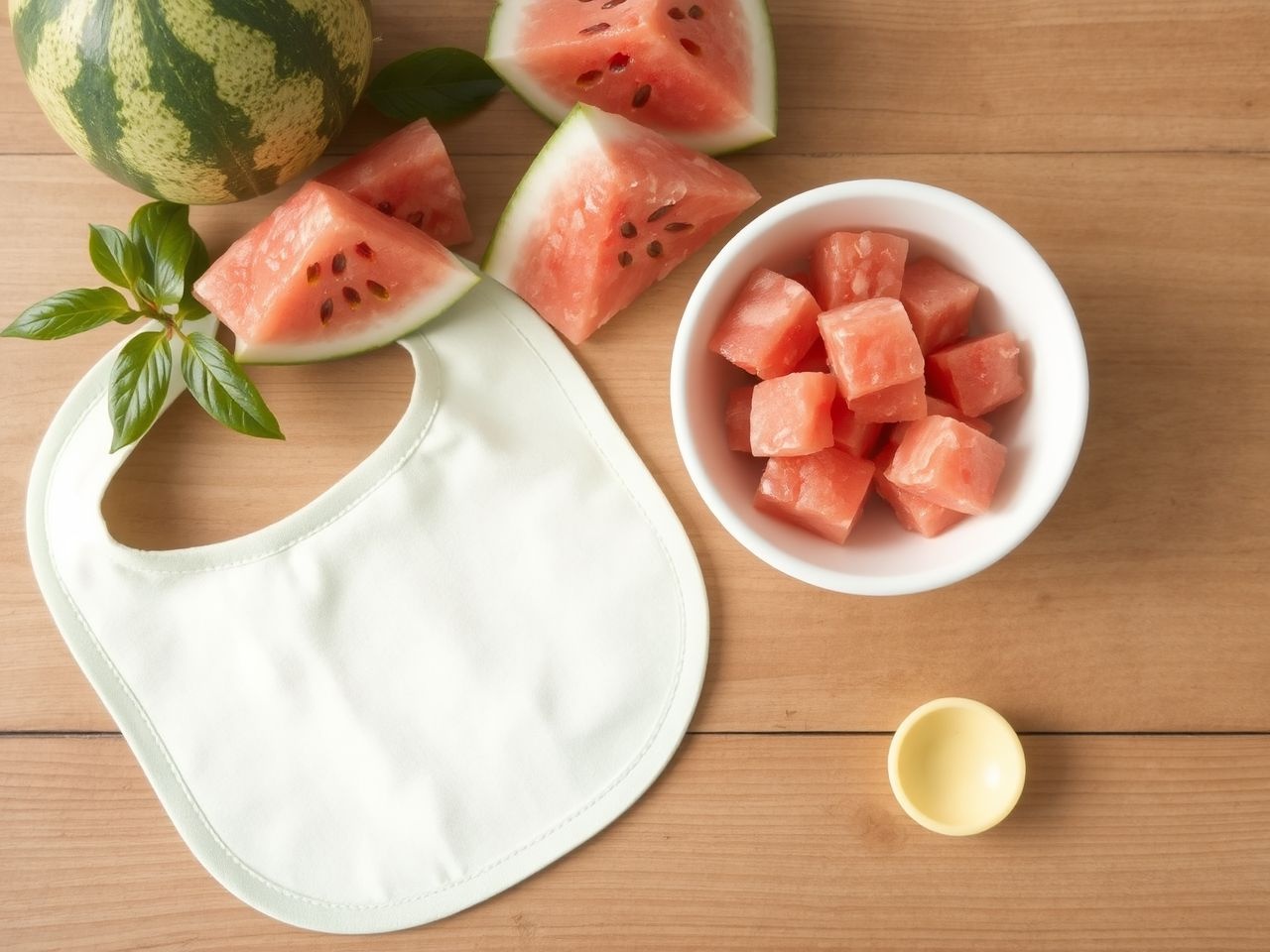 Szeletelt dinnye színes gyümölcskosárként feldobja a babák étkezését.