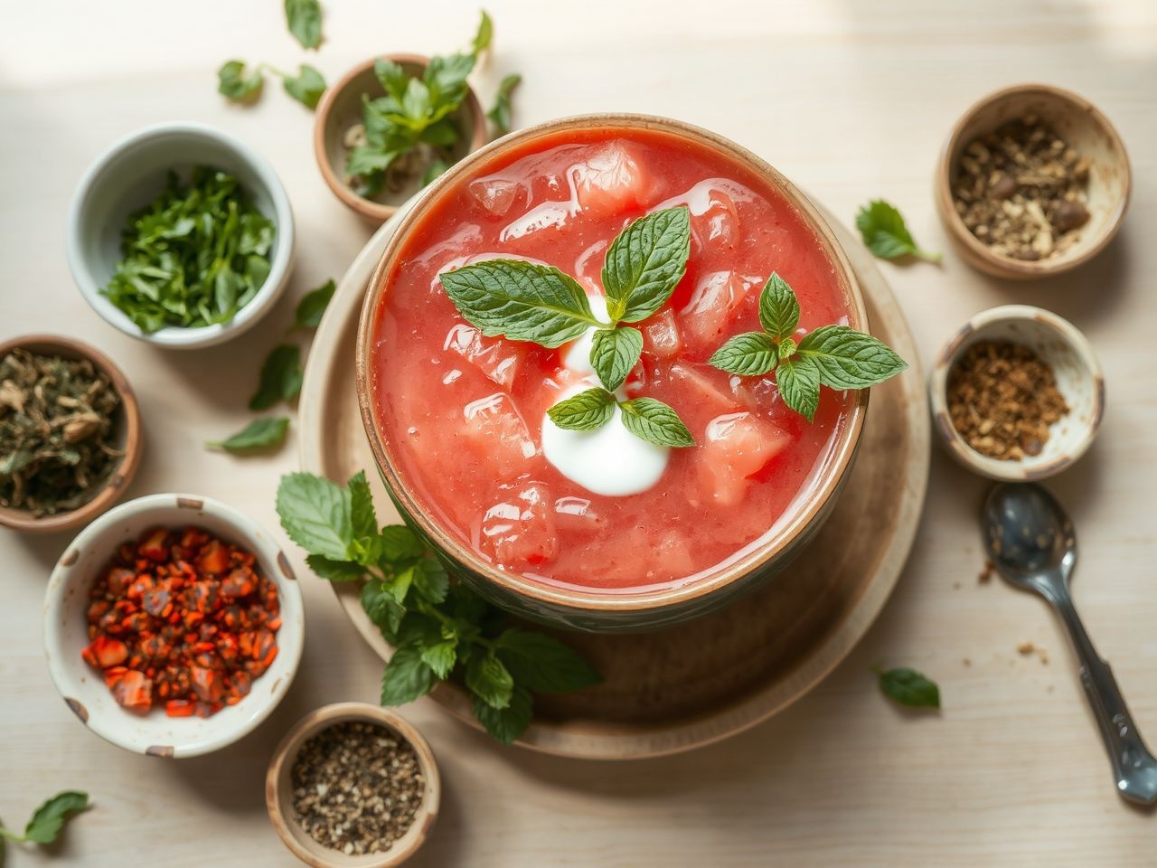 A görögdinnye-krémleveshez hozzáadott menta felfrissíti az ízeket.