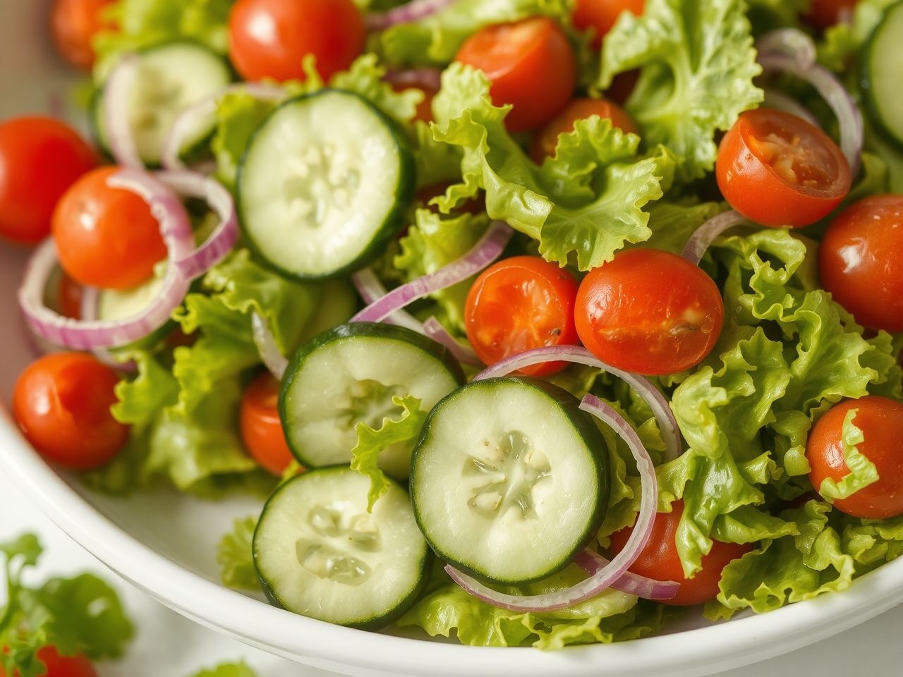 A saláta ropogóssága és frissessége kiemeli a főétel ízét.