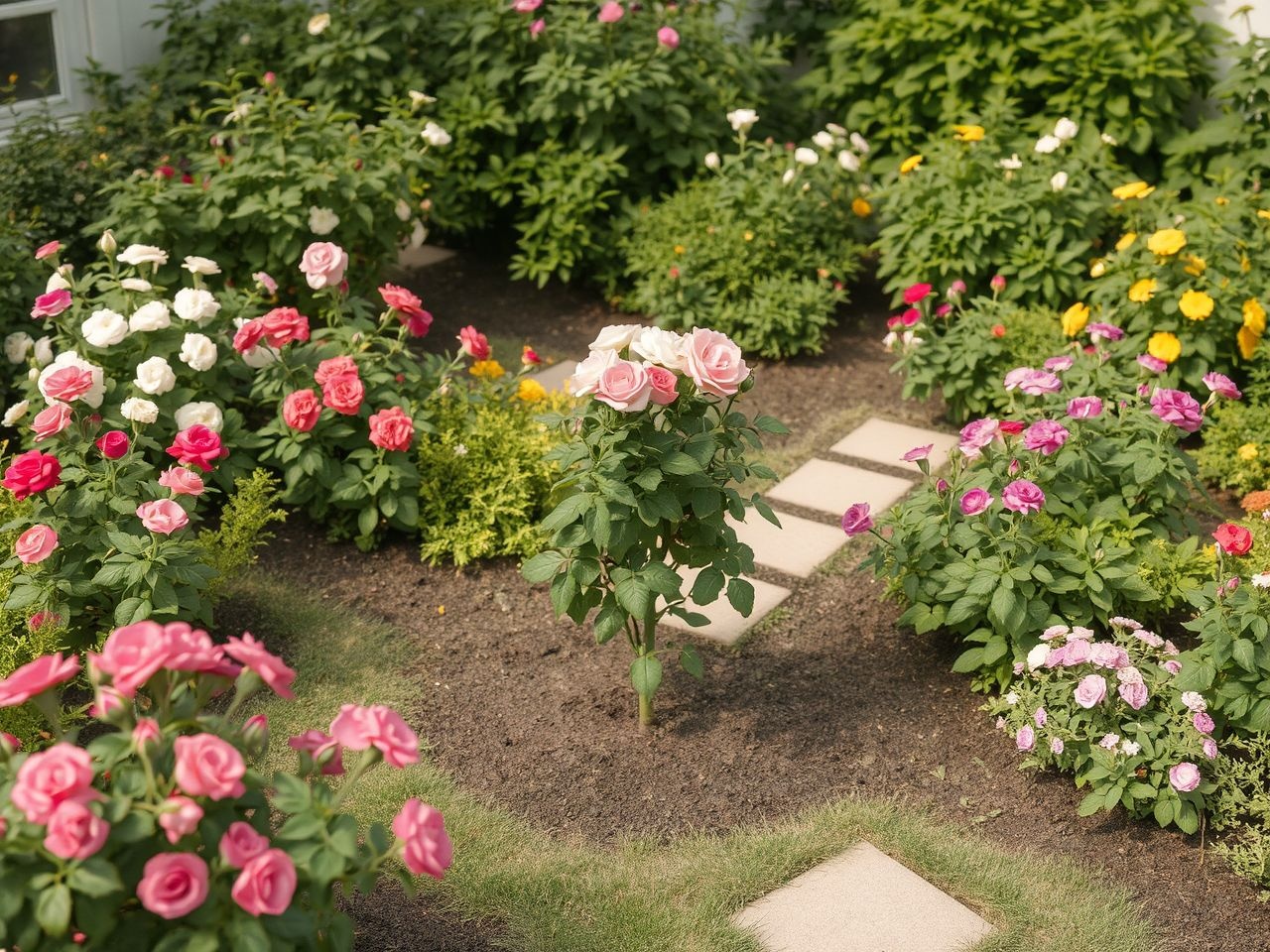 A törzses rózsa kiemeli a kert eleganciáját és struktúráját.