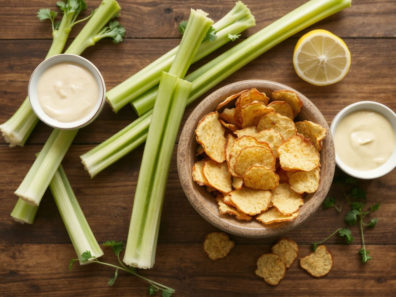 A zeller chips tökéletes színes mártogatósokkal és salátákkal.
