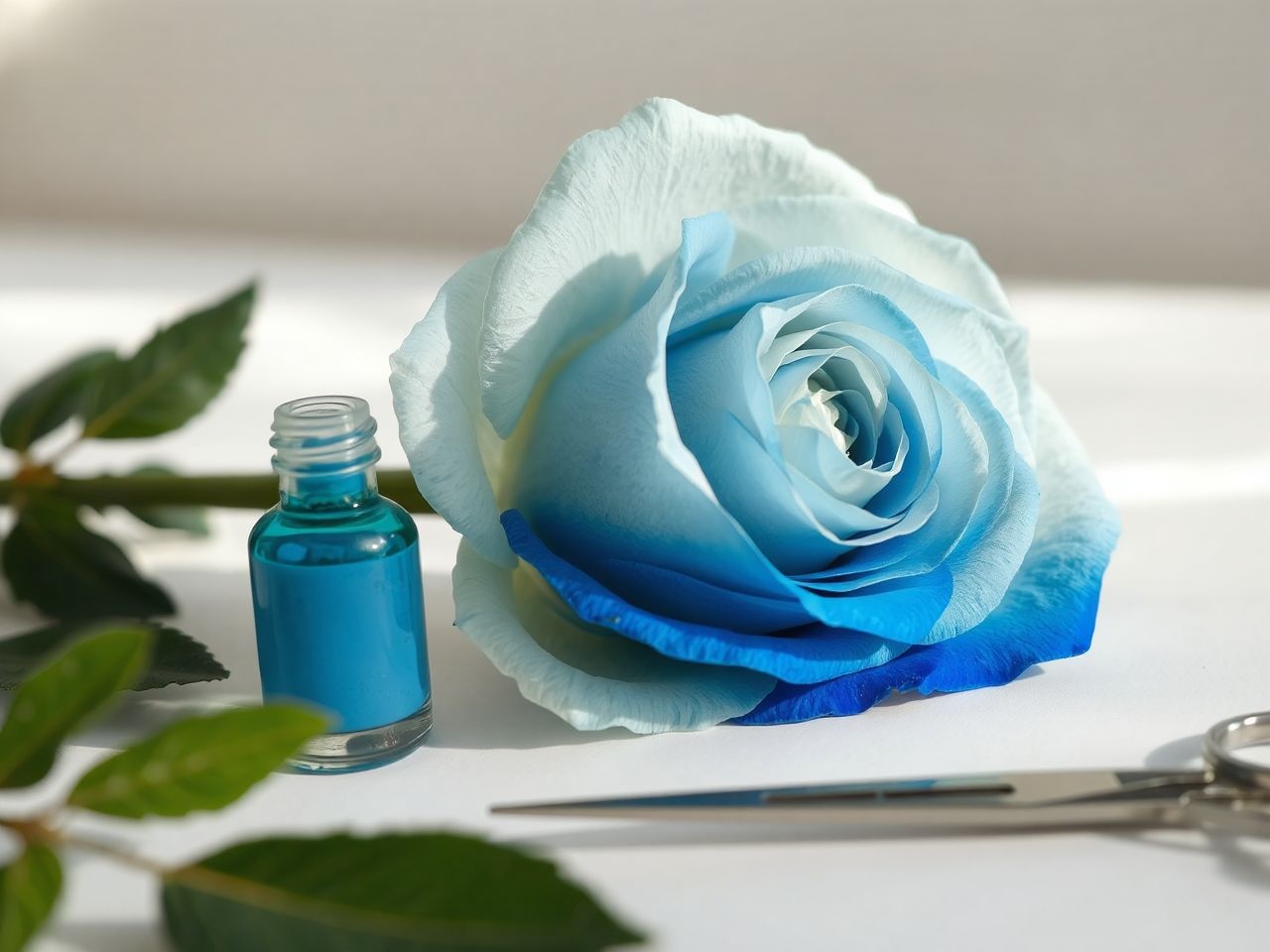 A kék rózsa festése házilag virágfestékkel és pipettával történik.