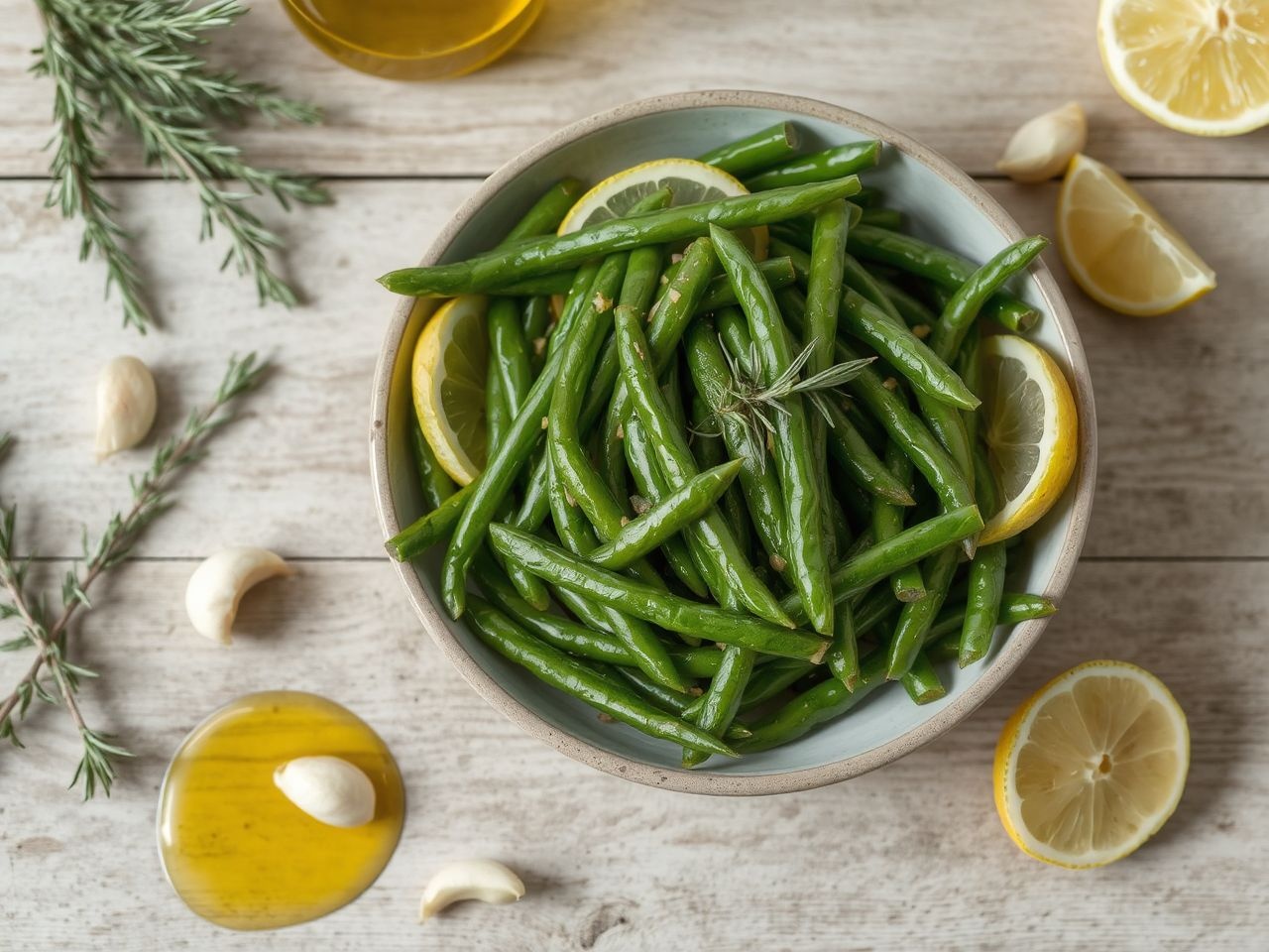 A mediterrán zöldbab köretek fokhagymával és olívaolajjal készülnek.