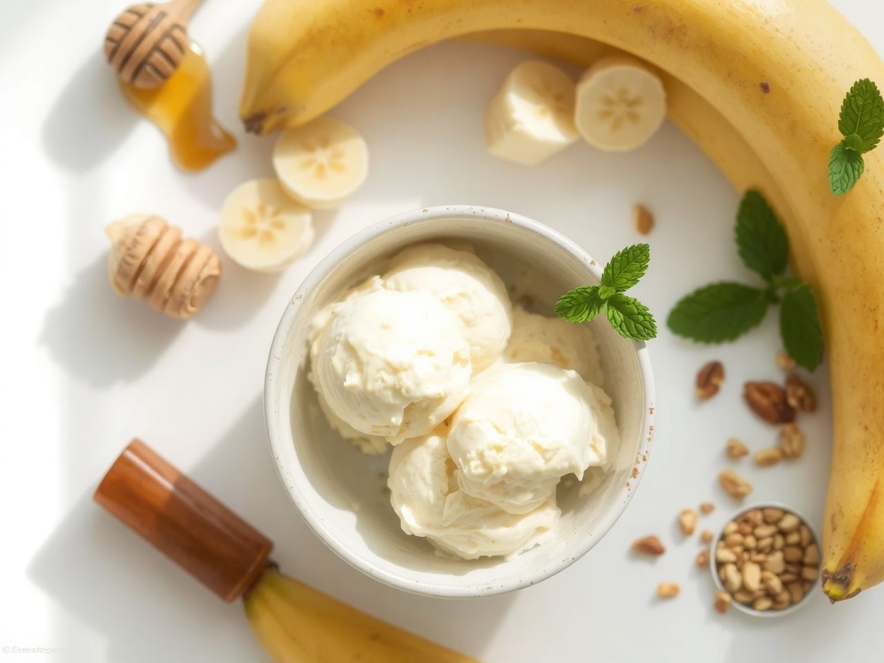 A banánfagyit friss gyümölccsel és mézzel tálaljuk.