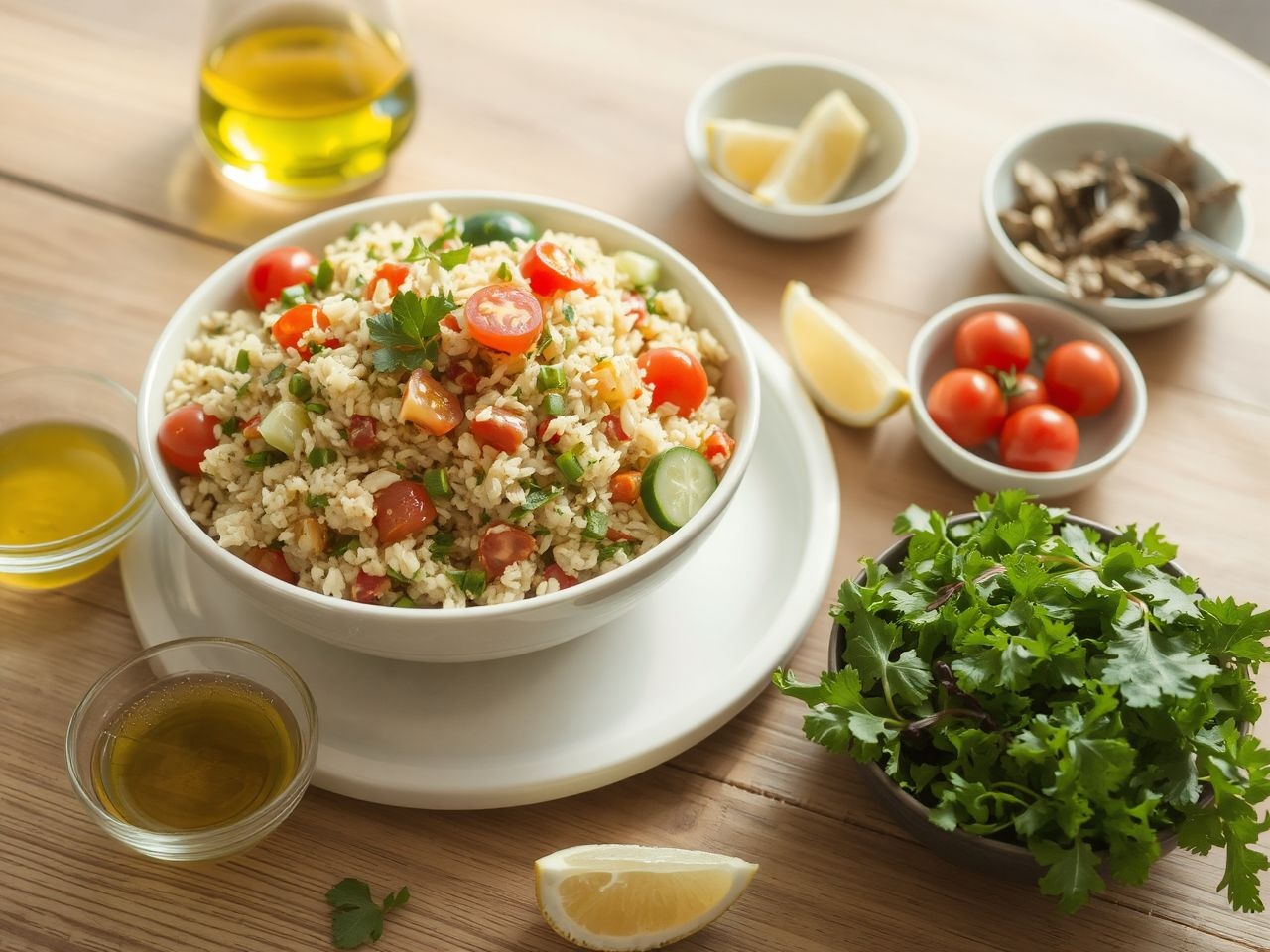 A vegán rizssaláták színes zöldségekkel és friss fűszerekkel készülnek.