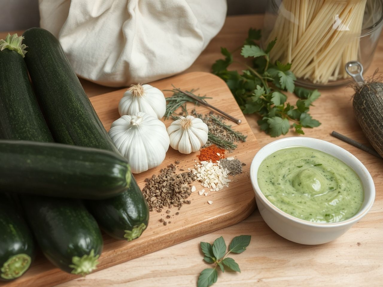 Az alaprecept cukkini, fokhagyma és friss fűszerek kombinációja.