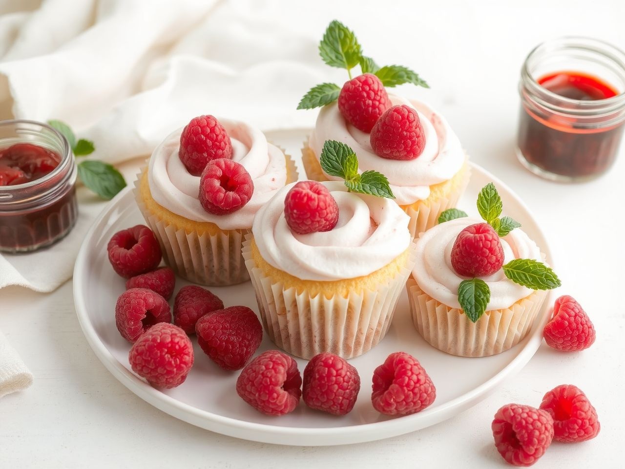 Színes gyümölcsdíszek élénkítik a málnakrémes muffinokat.