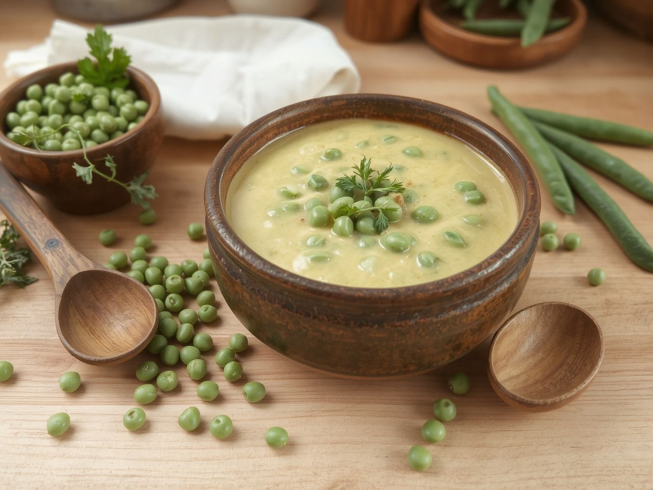 A selymes textúráért passzírozzuk át a zöldborsót krémesen.