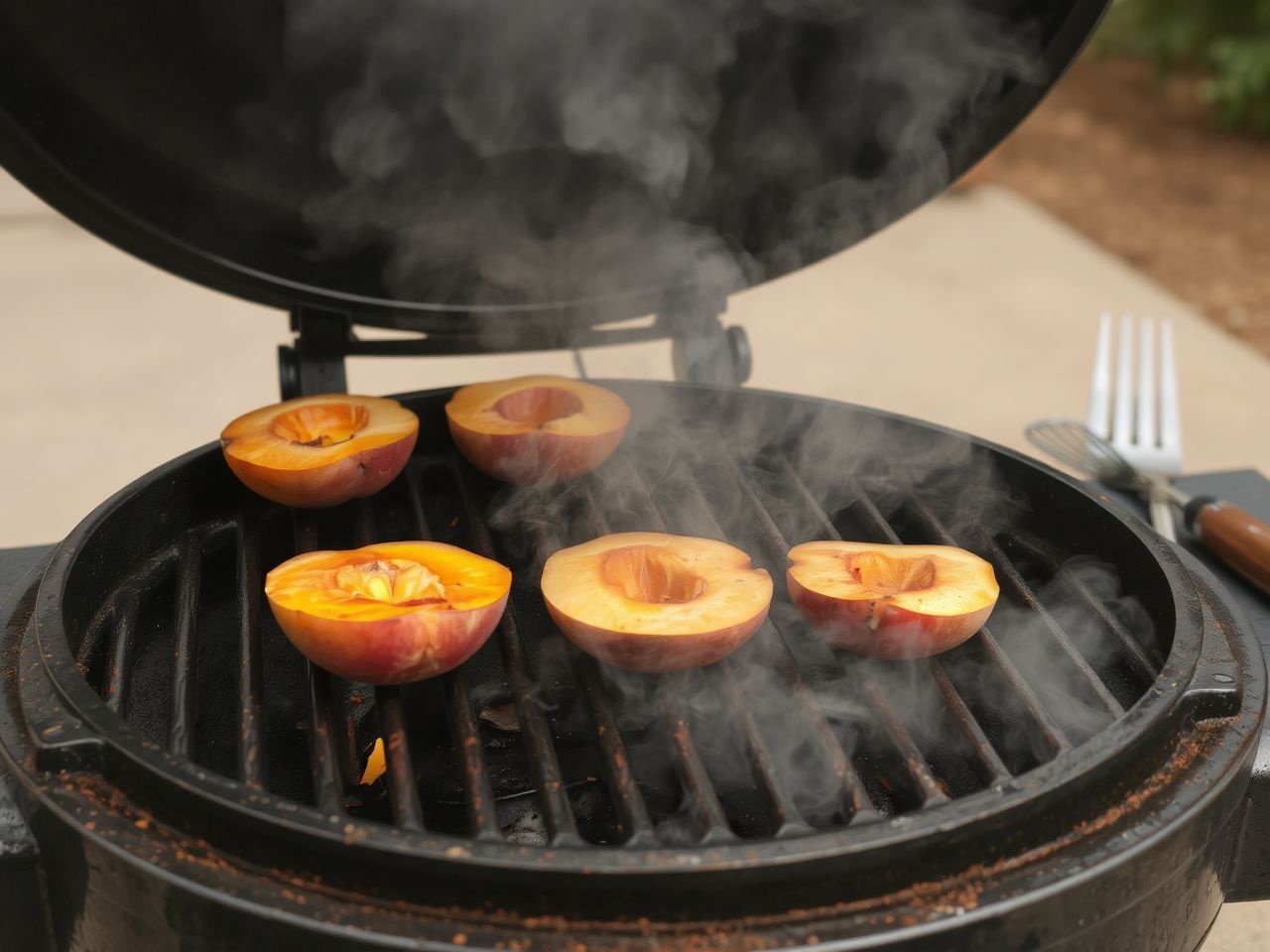 A közvetlen hő gyorsan karamellizálja a grillezett őszibarackot.