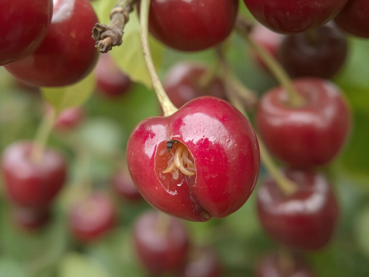 A cseresznyelégy petéi miatt válik a cseresznye kukacossá.
