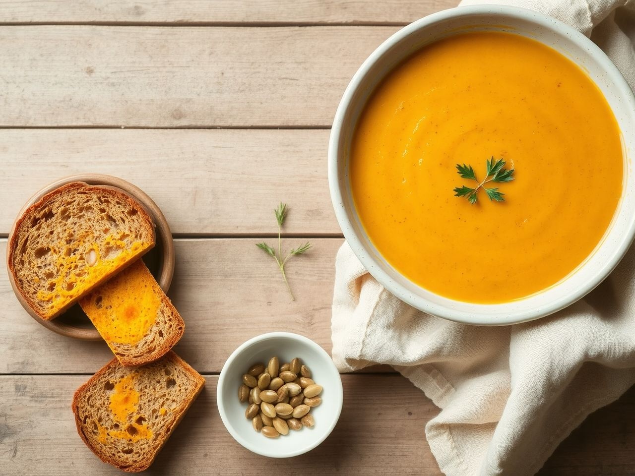 A sütőtökkrémlevest pirított tökmaggal és friss petrezselyemmel tálaljuk.