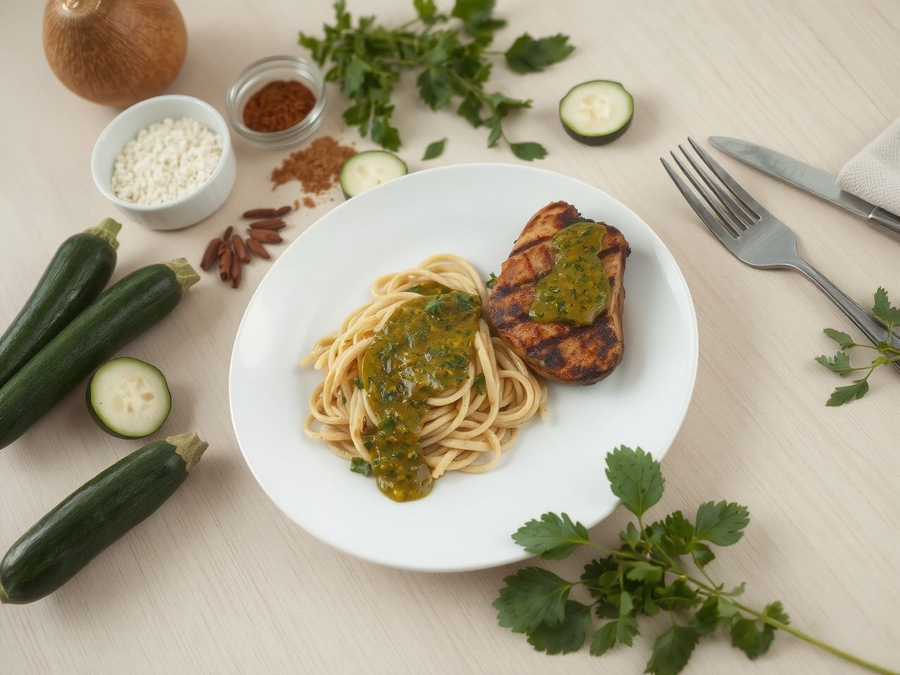 A friss bazsalikom feldobja a cukkini mártás látványát és ízét.