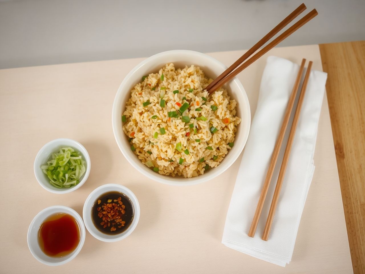 Friss zöldfűszerek és szójaszósz fokozzák a tojásos rizs ízét.