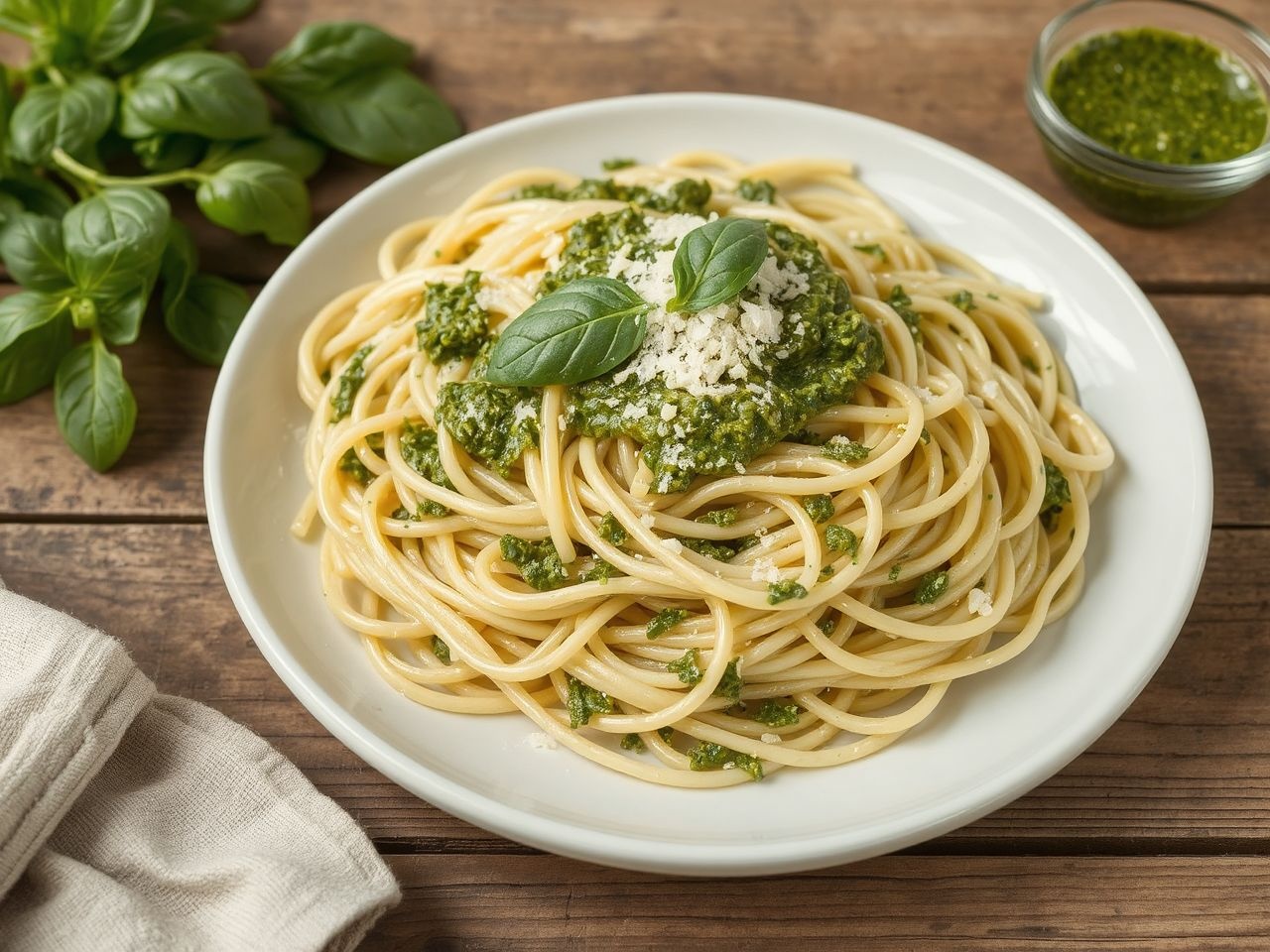 A spenótos pesto friss bazsalikommal még ízletesebb tészta mellé.