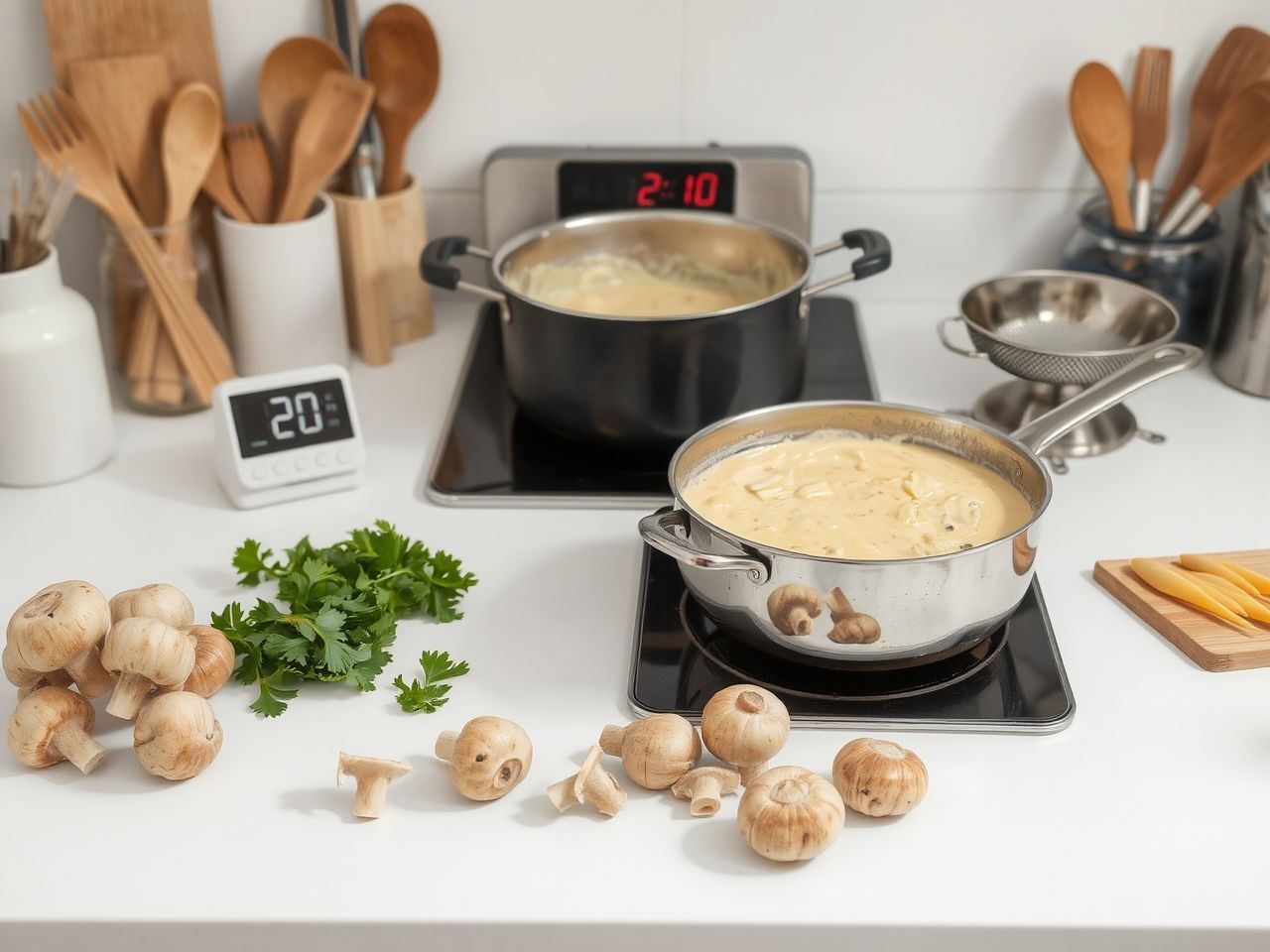 Gyors konyhai robotgépek felgyorsítják a tejszínes-gombás tészta készítését.