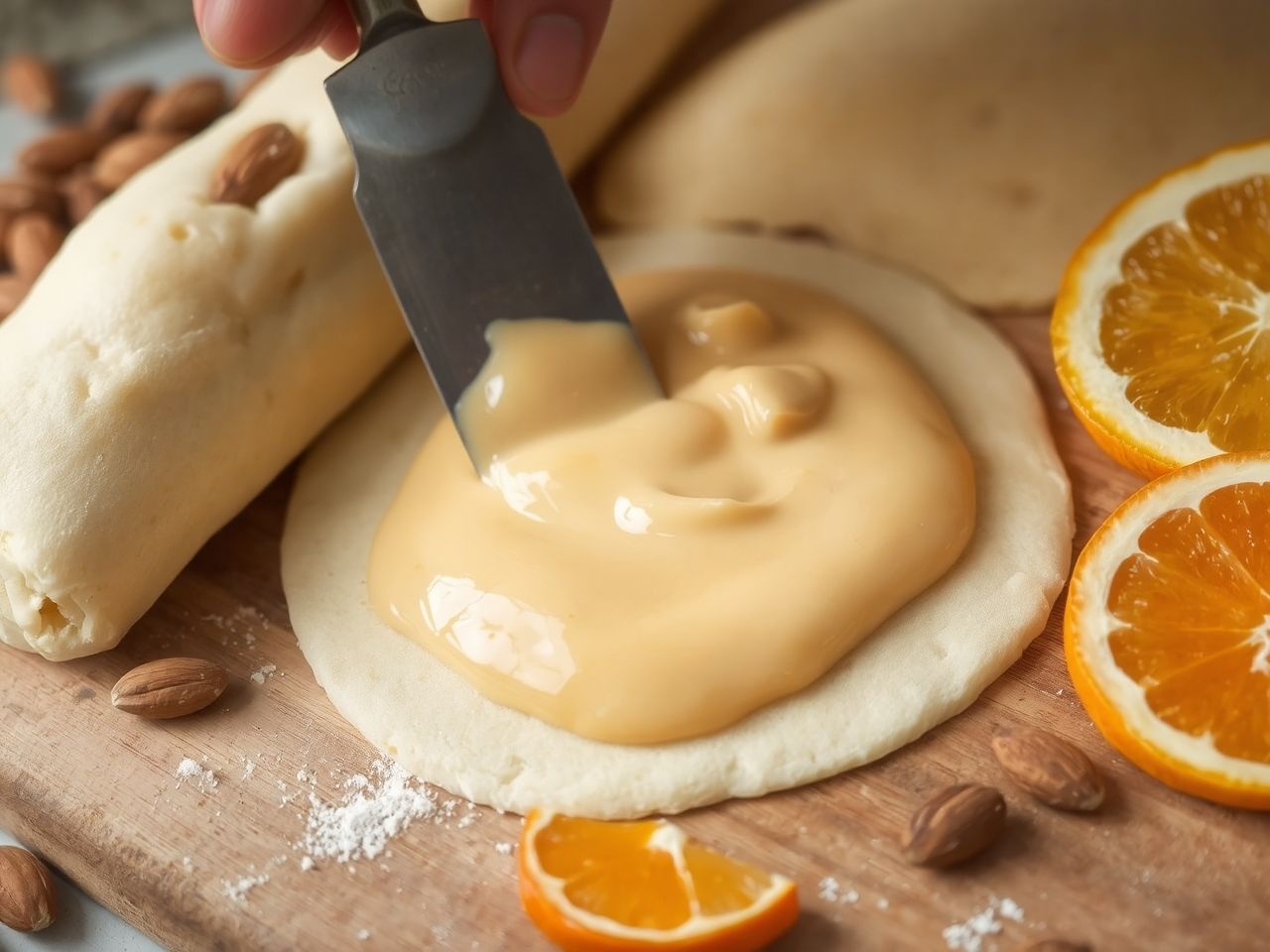 A mandulás-narancsos töltelék friss narancshéjjal válik különlegessé.
