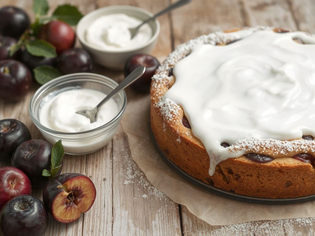 A tejfölös tészta szaftossá teszi a szilvás sütit.