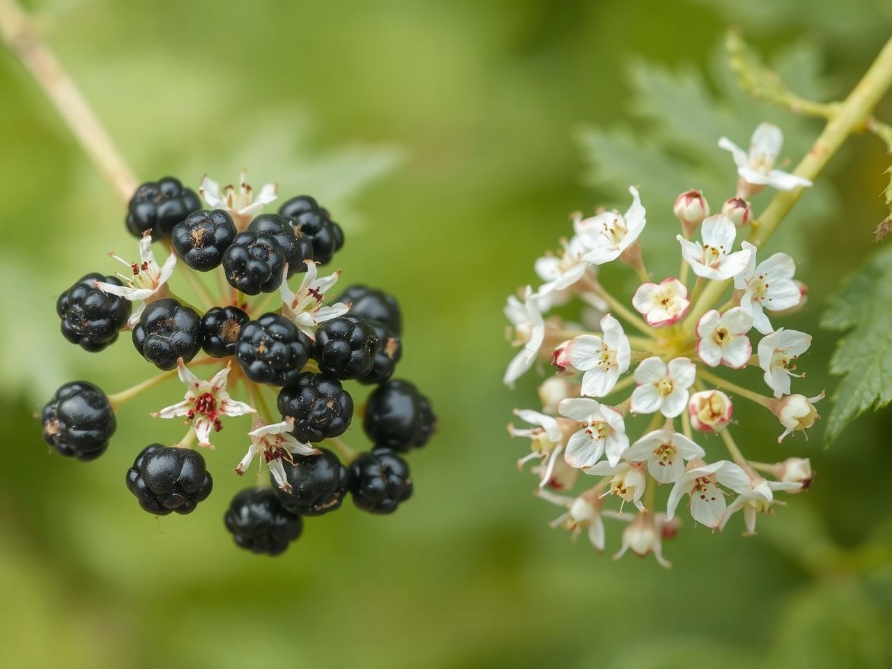 A fekete bodza virága illatosabb, gyalogbodza mérgező bogyókat termel.