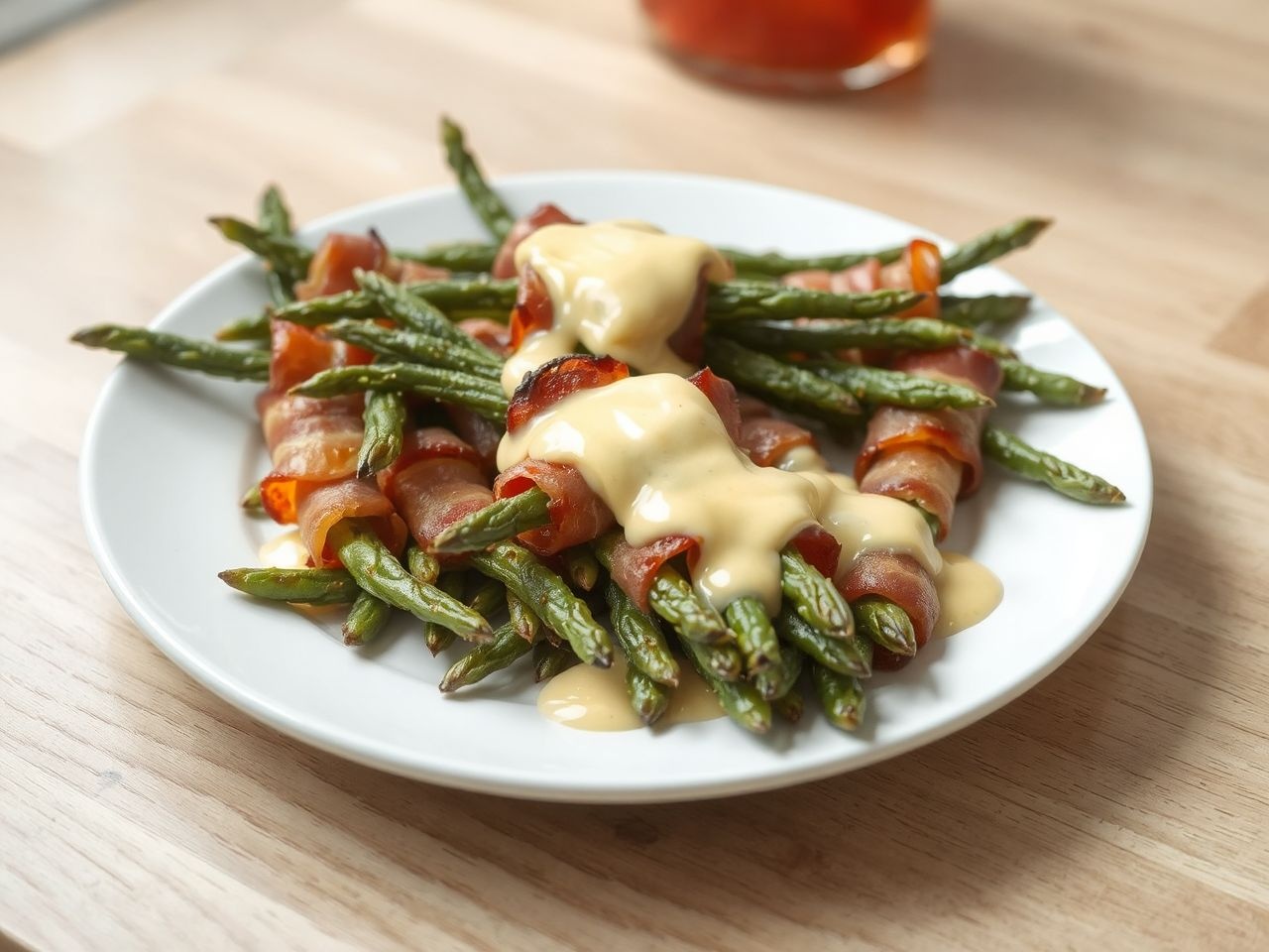 A füstölt bacon gazdag ízt ad a zöldbabnak.