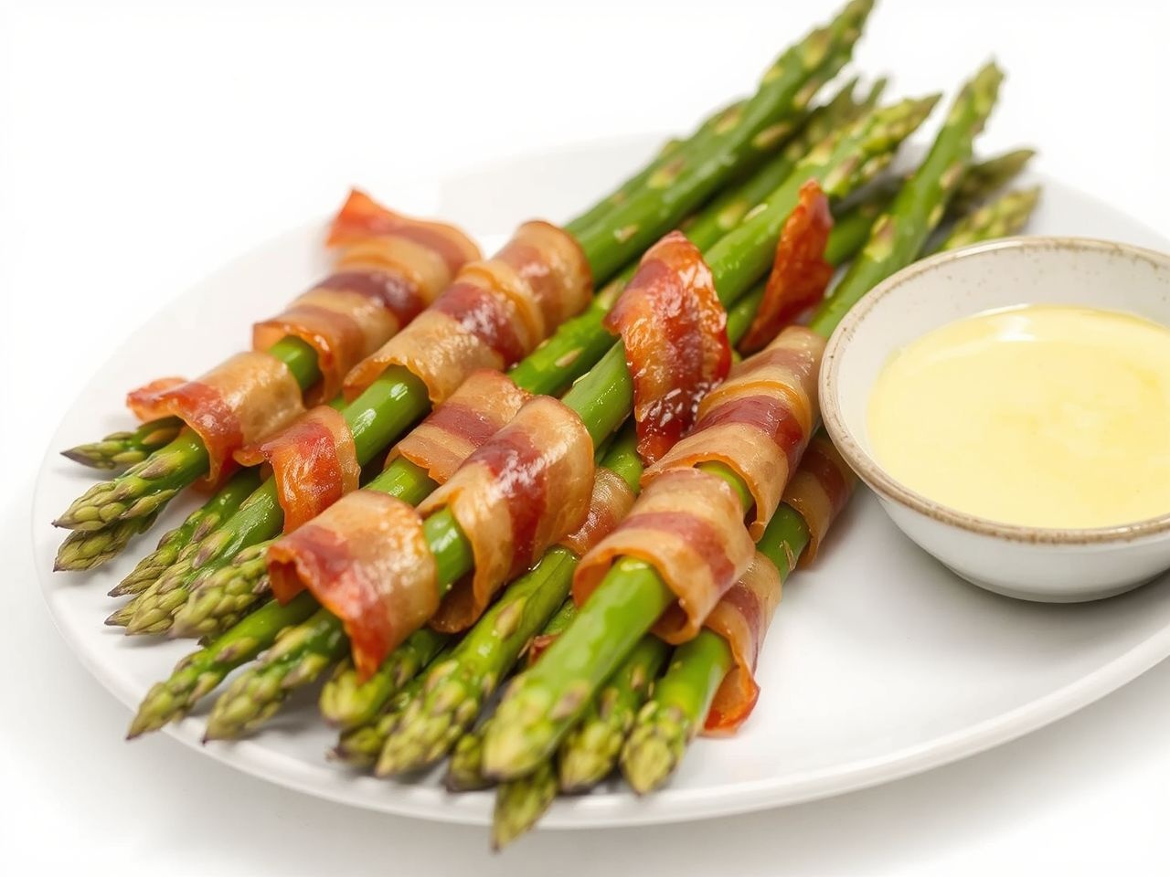 A baconbe tekert spárgát ropogósra sütjük, majd holland mártással kínáljuk.